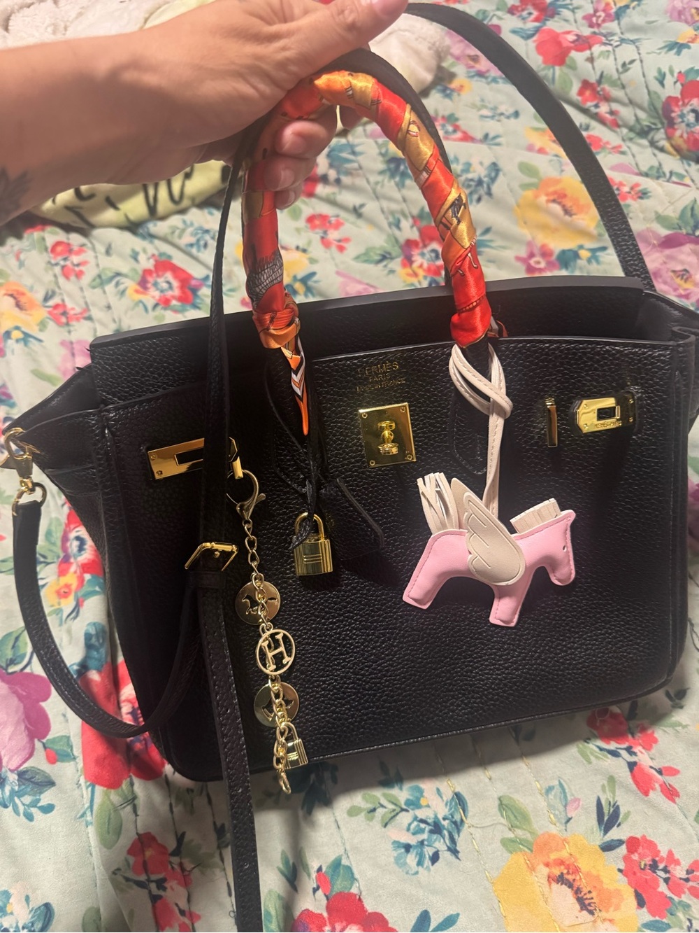 Black Pebbled Satchel with Pink Charm and Gold Hardware